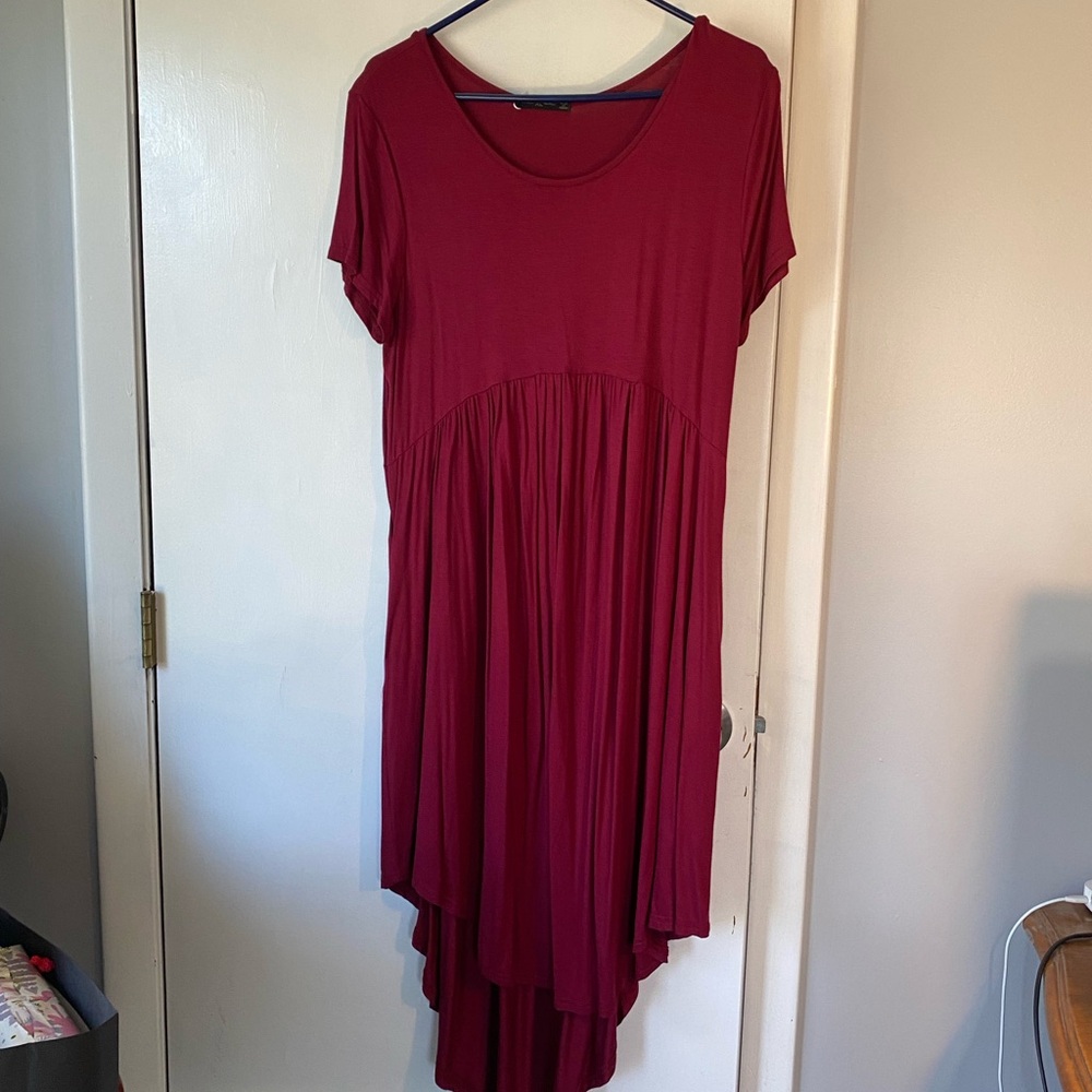 Red summer dress, longer hem in back
